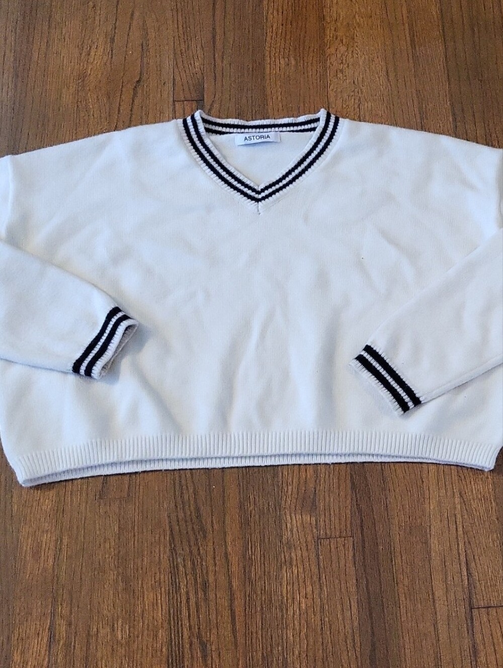 Astoria White V-Neck Sweater with Black Stripe Trim